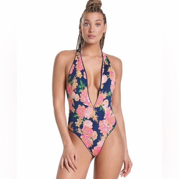 New! Maaji Reversible Cheeky Cut Plunge One Piece Tiki Tiky Floral - Picture 1 of 8